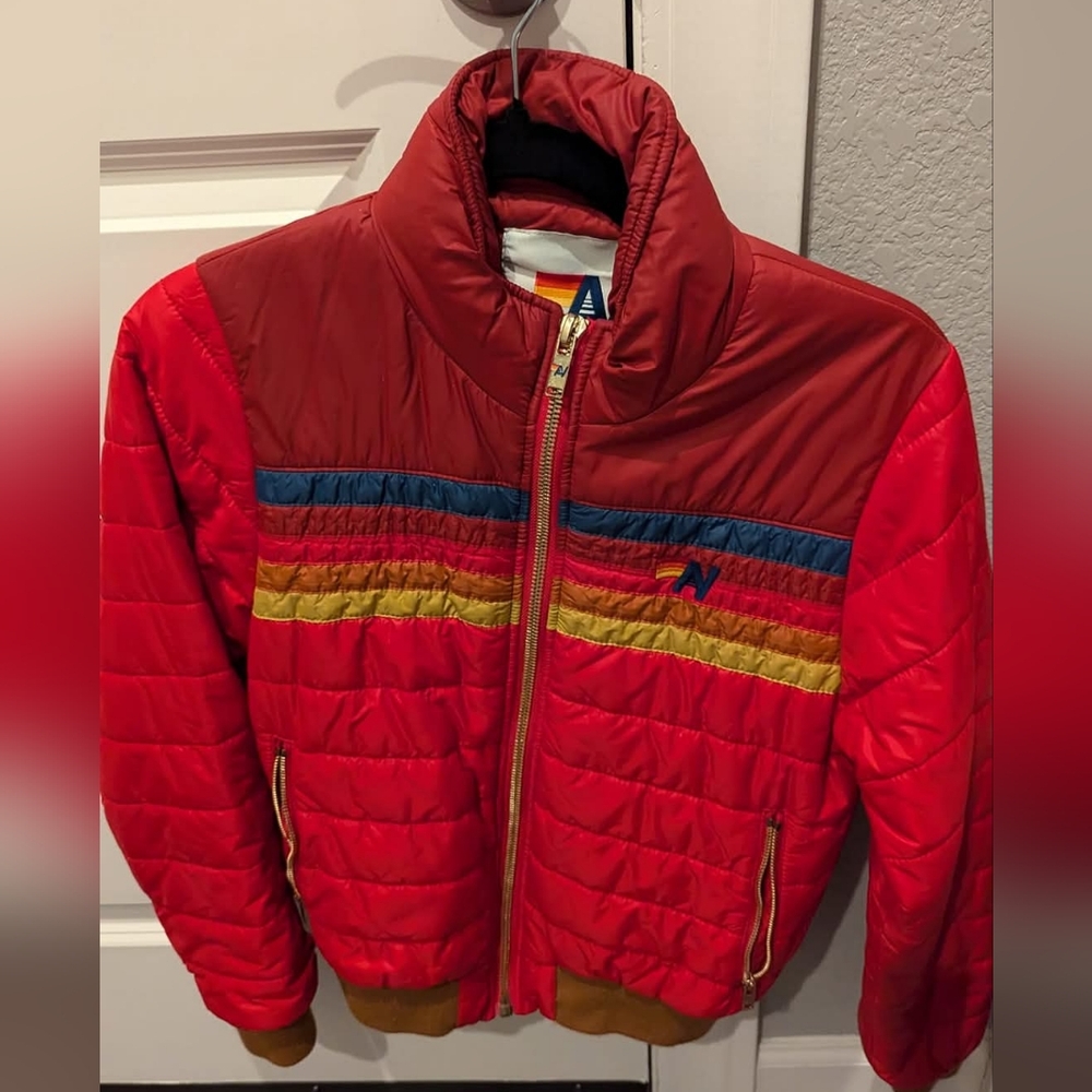 Aviator Nation 5 Stripe Journey Cherry Red Puffer Jacket